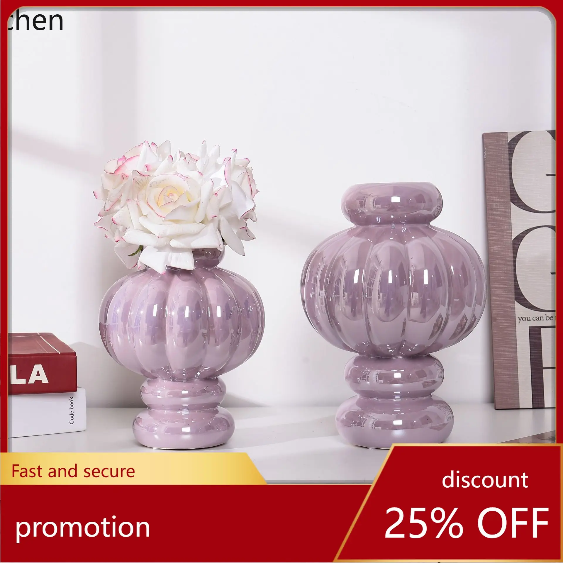 

HXL Light Purple Electroplated Glossy Ceramic Vase Simple Home Decorative Flower Container