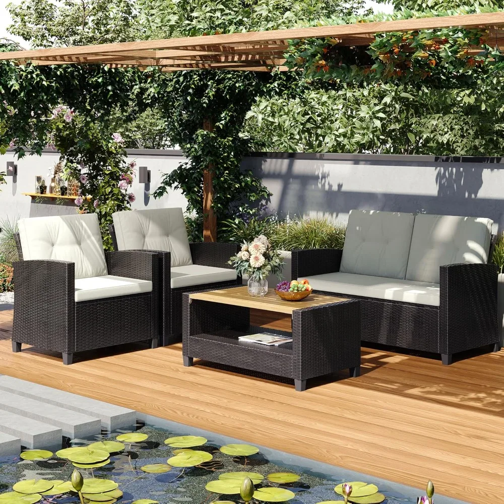 

Patio Conversation Sets, Outdoor Wicker Furniture Set, 4 Pieces All Weather Contemporary Grey Rattan Sofa with Coffee Table and