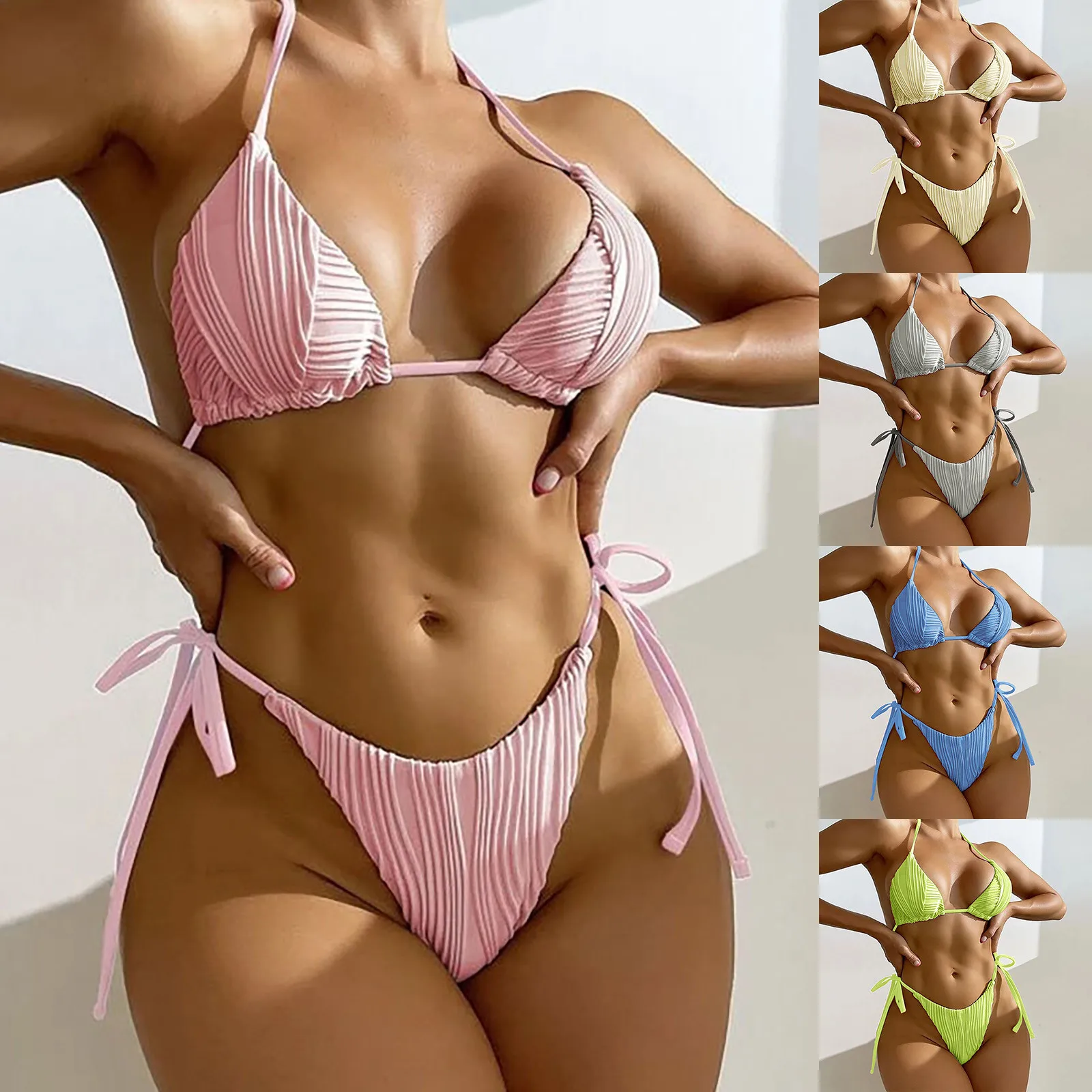 New Fashion Stripes Solid Colour Swimwear Bikini Women\'s Summer Beach Wear Swimming Sexy Tie Hanging Neck Bikini Two Piece Set