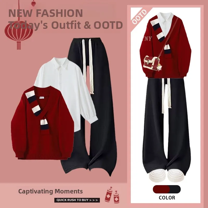 

Winter Knitted Sweater And Shirt Slimming Pants Three Piece Set for Women New Year Red Fashionable Versatile Three Piece Set