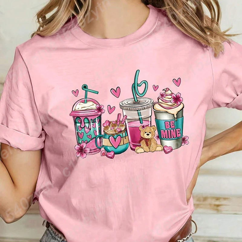 

Valentine’s Day Coffee Print T-shirts For Women Summer Fashion Short Sleeve Casual Round Neck T-shirts Ladies Valentine’s Tops