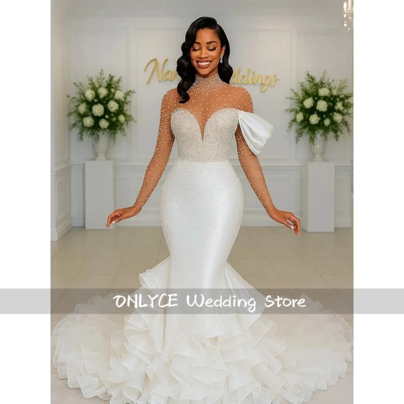 

Customized African style wedding dress with high neck long sleeves bead embroidery decoration lotus leaf skirt Vestido de Novia