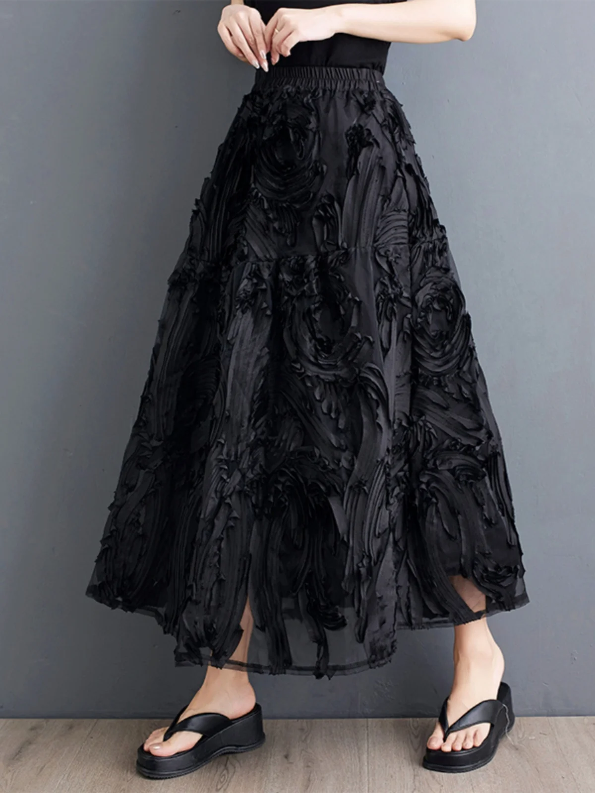 Dark Heavy Embroidery A-Line  Skirt Women's Summer New Style Elegant Fashionable Midi Skirt High Waist Long Skirt