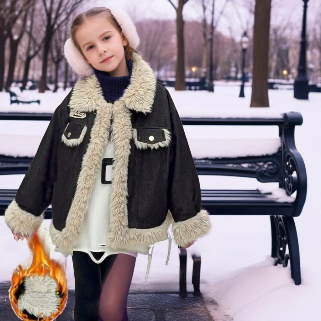 

Girls Denim Jacket Winter Thick Warm Retro Patchwork Lined Fleece Coat for Kids Outdoor Windproof Cotton-padded Outerwear 12 Y