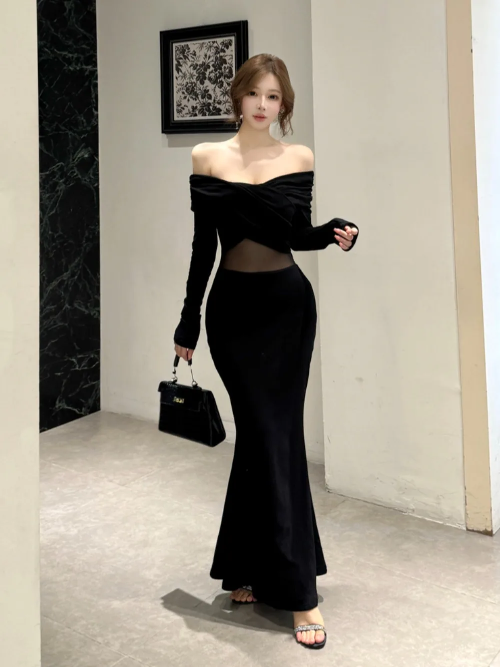 

Hebe Sle Bla Long Sve One oulder Dr Женское зимнее новое сетчатое сексуальное облегающее длинное платье Pure Desire с талией a...