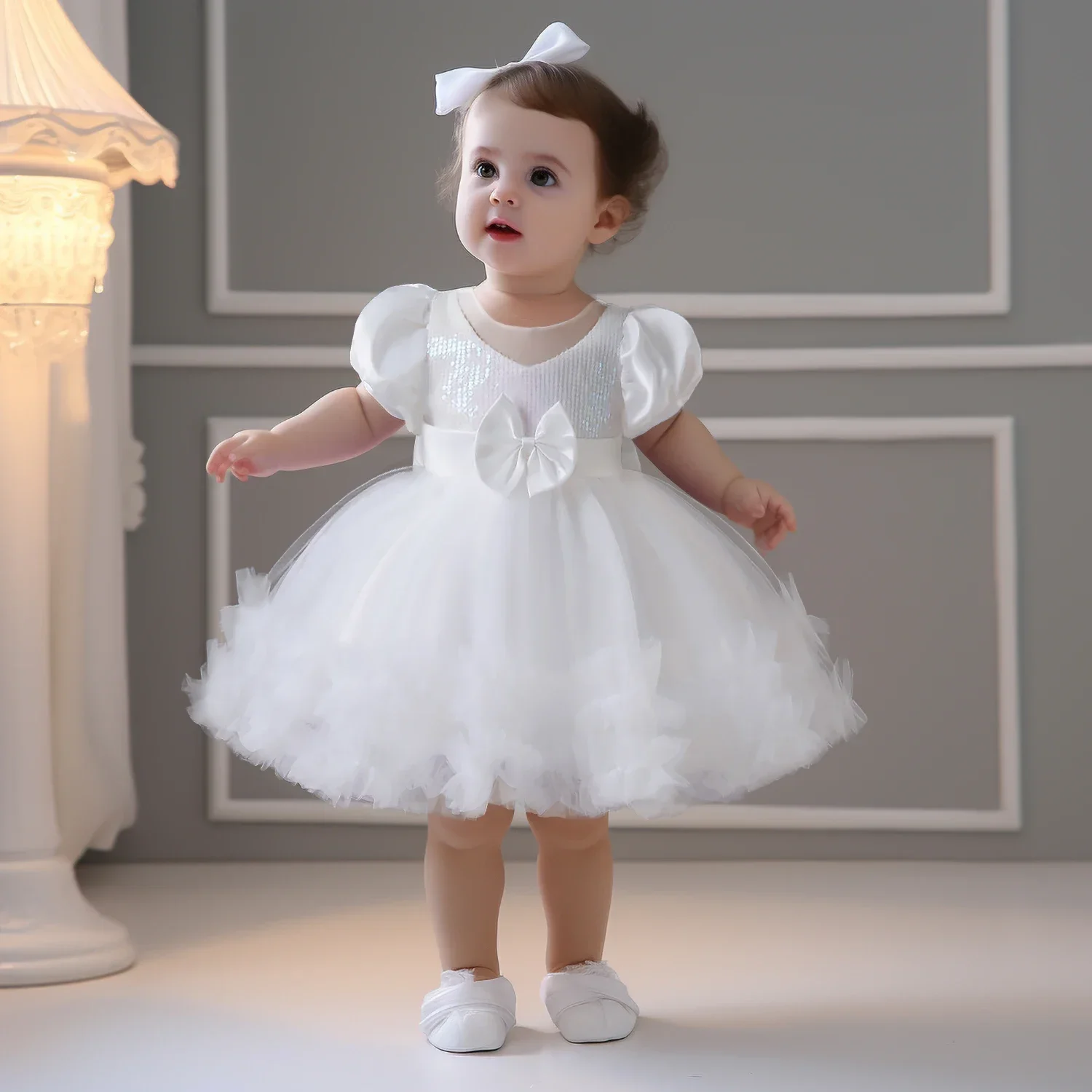 Flower Girl Dresses for Weddings Cute Bowknot Birthday Party Toddler Girls Dress Puff Sleeve Sequin Baby Girls Princess Dress