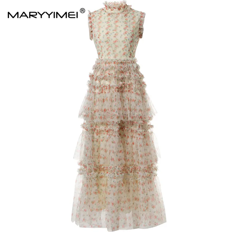 

MARYYIMEI Fashion Design Spring Summer Women's Stand Collar Mesh Splicing Tiered Ruffles Print Vacation Dresses