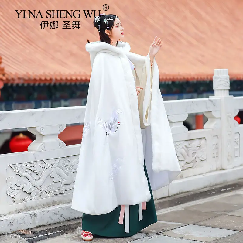 

1pc Hanfu Cloak Women's Winter Thickened Embroidered Cloak Wool Collar Chinese Style Ancient Costume Folk Stage Performance Coat