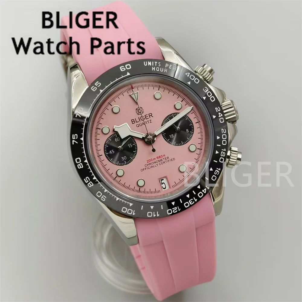 BLIGER 39mm VK64 Quartz Chronograph Men\'s Watch Pink Dial Sapphire Glass 5 pin 6 o \'clock date Luminous Waterproof Rubber Strap