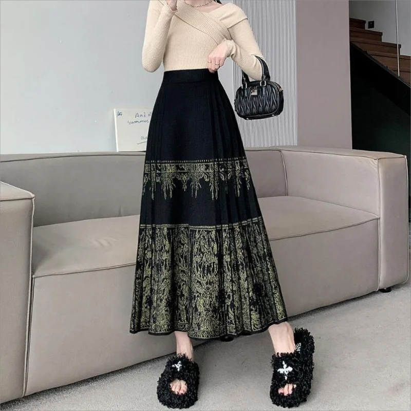 Autumn Winter Knitted Embroidered Chinese Style Elegant Pleated Skirt Women High Waist Casual Loose Big Hem Long Skirts