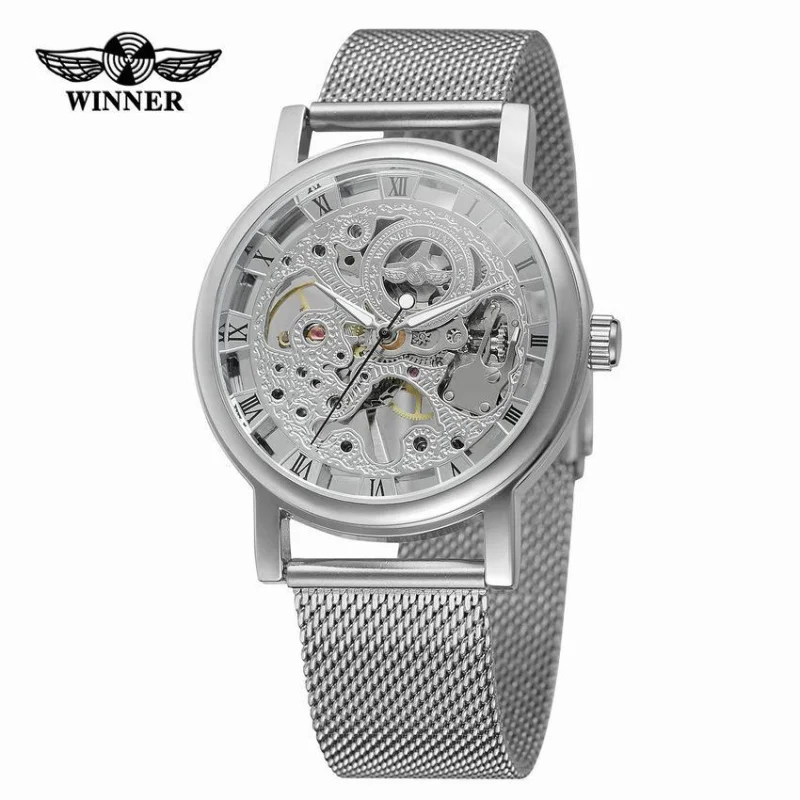 Free Shipping OUTLETS winner Men's Fashion Casual Pop Mesh Belt Hollow out Manual Mechanical Watch