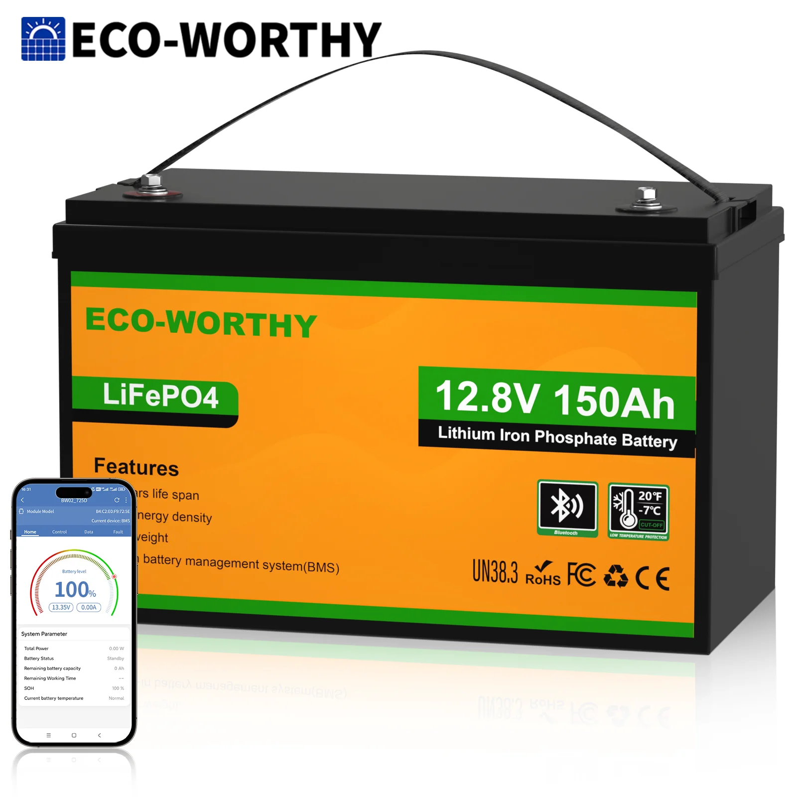 بطارية ليثيوم ECO-WORTHY 12V 150AH Bluetooth LiFePO4 مع حماية من درجة الحرارة المنخفضة، مدمجة 120A BMS، مثالية للتصيد
