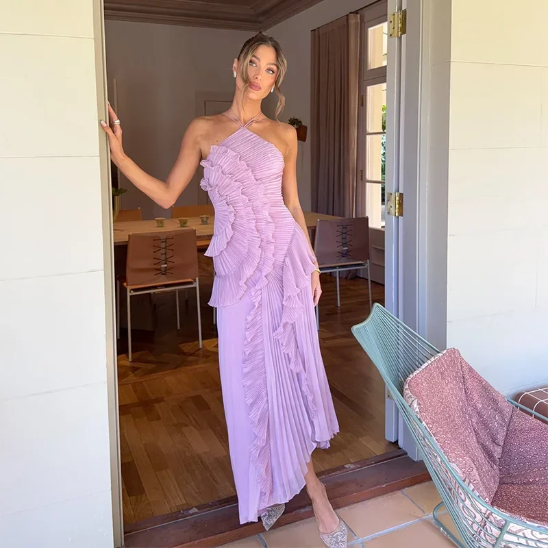 

Chic Pleated Halter Neck Long Vacation Dress High Quality Purple Strapless Lotus Edge Maxi Dress 2025 Nw Lady Vacation Gowns