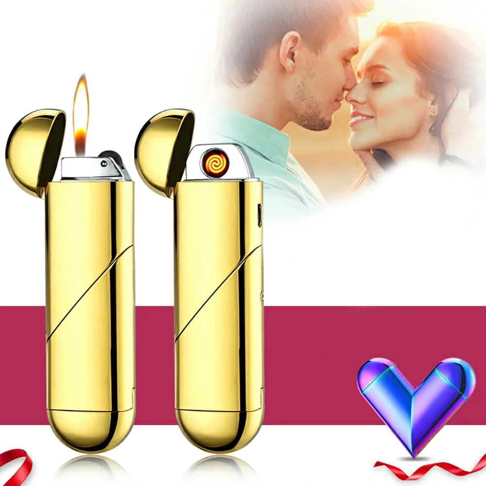 Personalized Love shaped Gas Electric Dual purpose Folding Lighter USB Electronic Charging Arc Lighter Butane Gas Lighter Gift