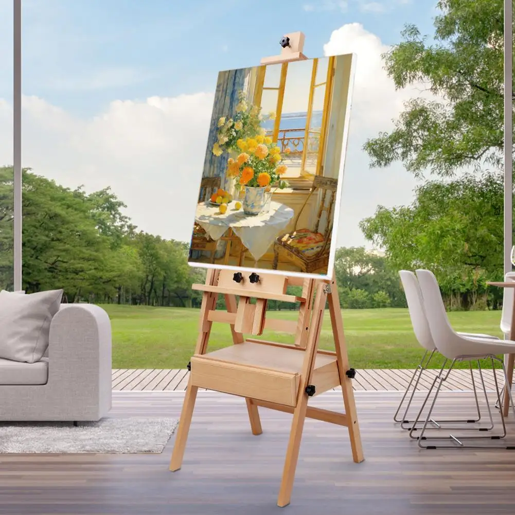 Adjustable Height & Angle H-Frame French Easel With Casters – Solid Beech Wood, Tilts Flat For Canvas Painting