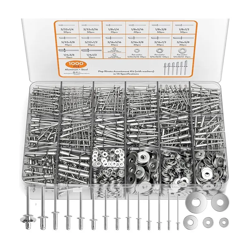 

B-Est 1000PCS Aluminum Rivets Assortment Kit,14 Sizes Rivets (3/32In 1/8In 5/32In 3/16In 1/4In), Assorted Blind Rivets