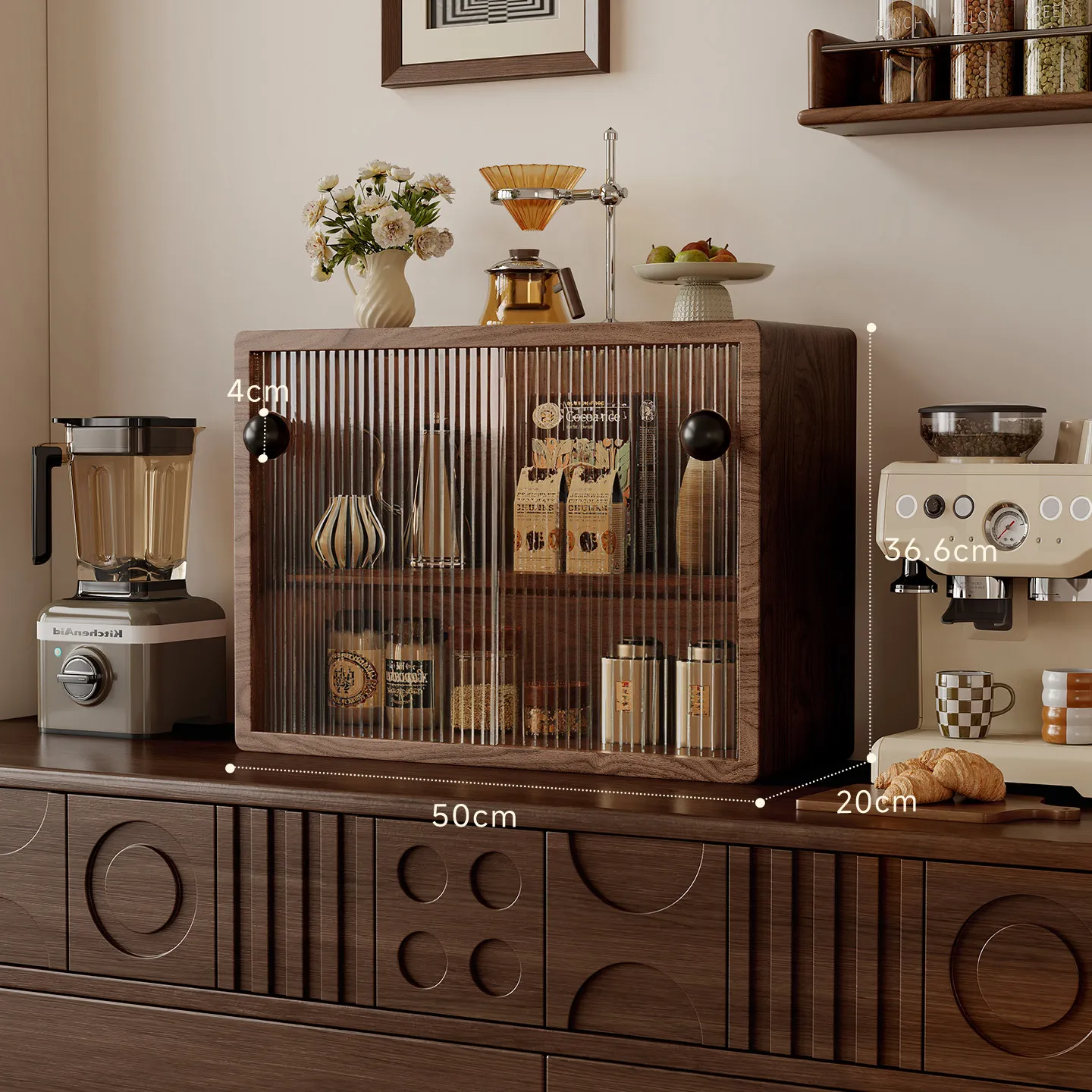 North American walnut desktop storage rack Changhong glass solid wood locker tea set cup rack