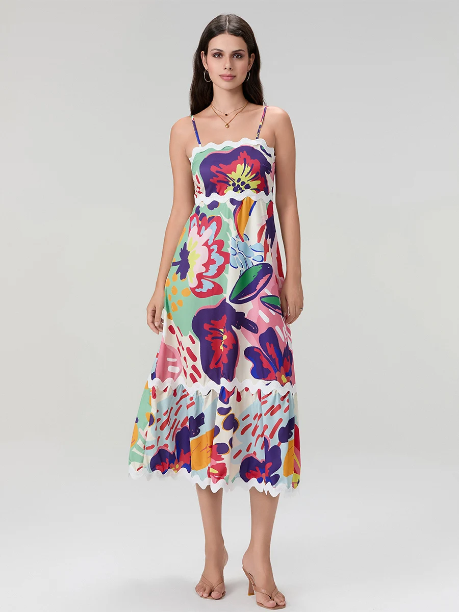 

Women Boho Colorful Spaghetti Strap Dress Y2k Sleeveless Smocked A-line Swing Flowy Maxi Dress Vacation Sundress