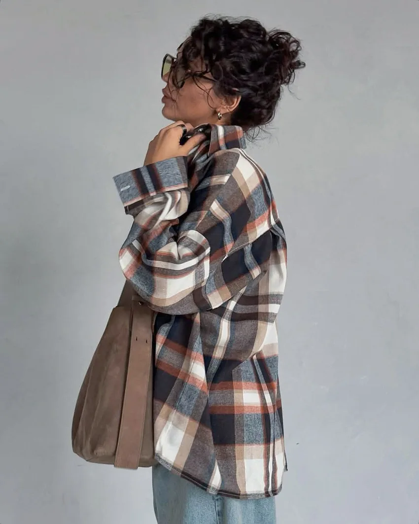 Y2K nieuwe herfst winter vintage shirt zak losse revers lange mouwen dames geruite shirt vrouwelijke mode casual streetwear blouse