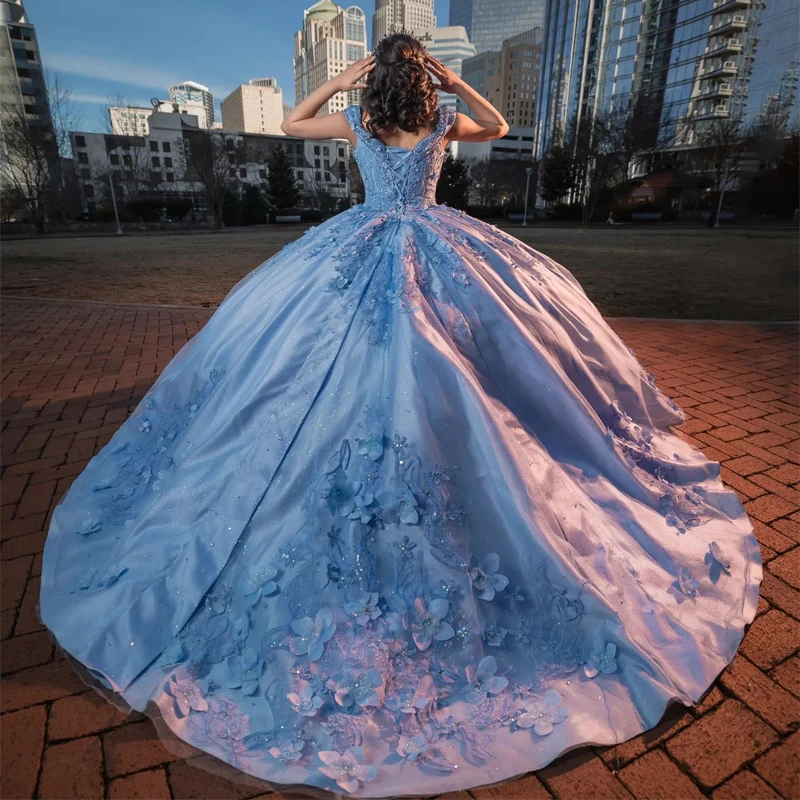 Luxo Céu Azul Quinceanera Vestidos Fora Do Ombro 3DFloral Apliques Lace Beading Espartilho Para Doce 15 Meninas Partido Prom Vestidos