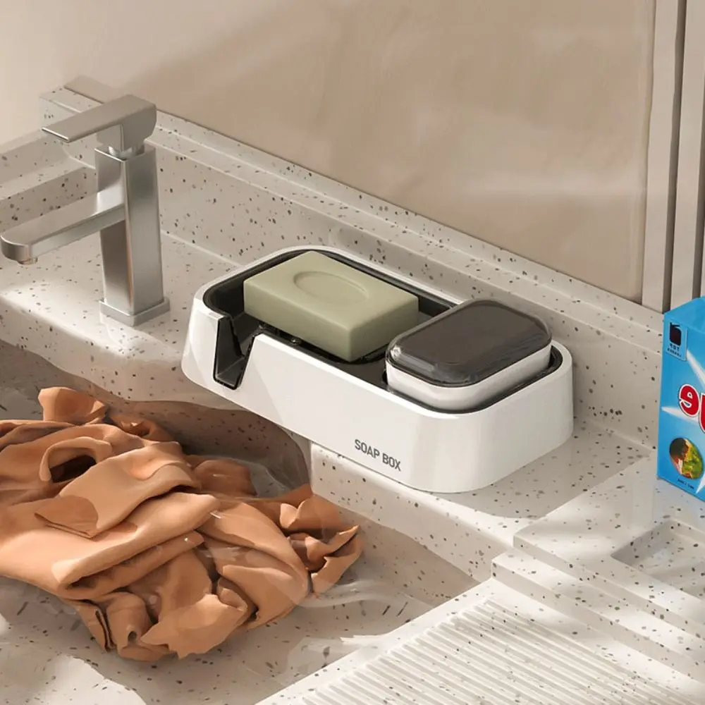 

Durable Wall Mount Soap Dish Space Saving No Drill Soap Box with Brush Container Self Draining Water Soap Holder Kitchen