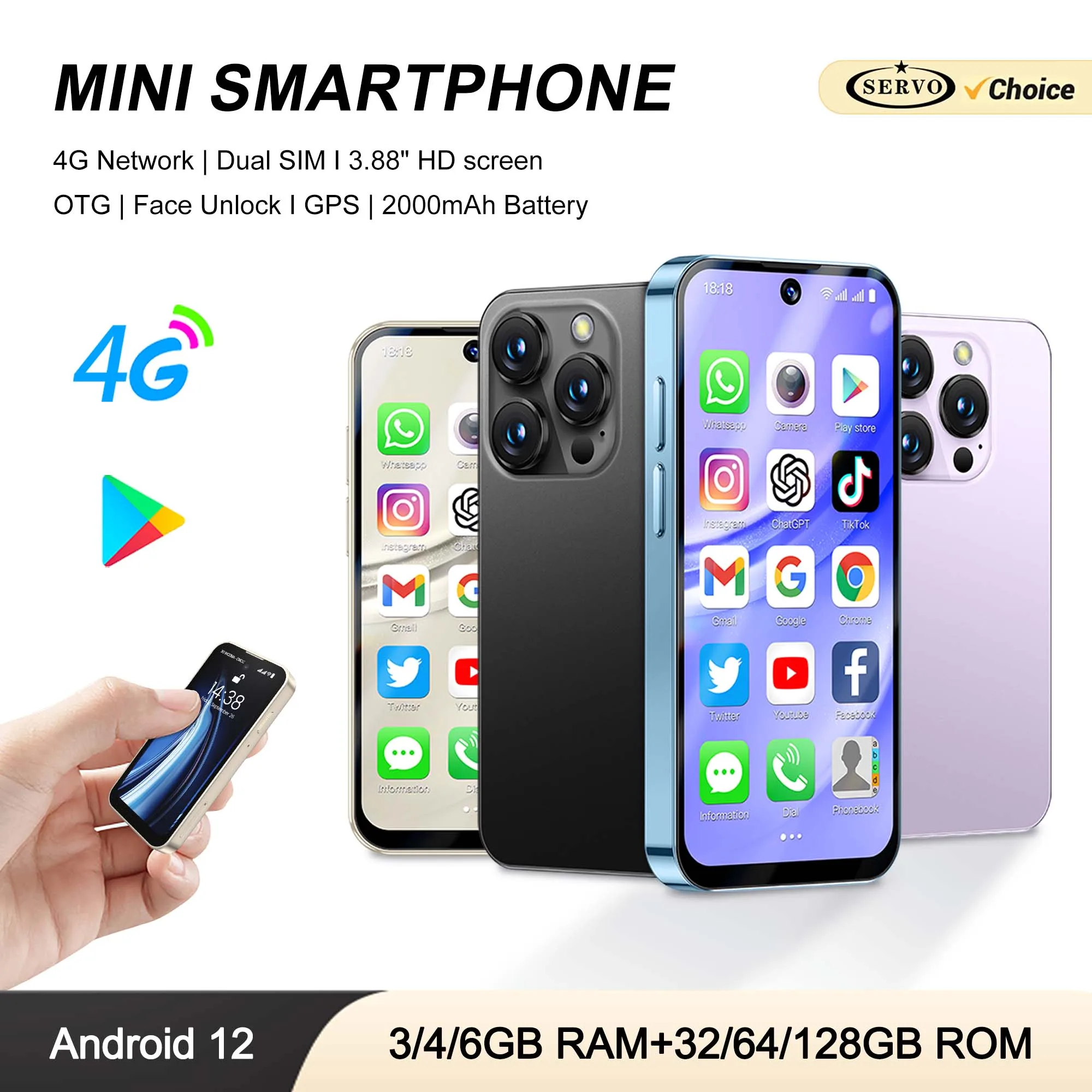 SERVO 19PRO Mini Pocket Smartphone 4G LTE Android 12 3/4/6GB RAM 32/64/128GB ROM Dual SIM GPS OTG 3.88" HD Unlocked Mobile Phone