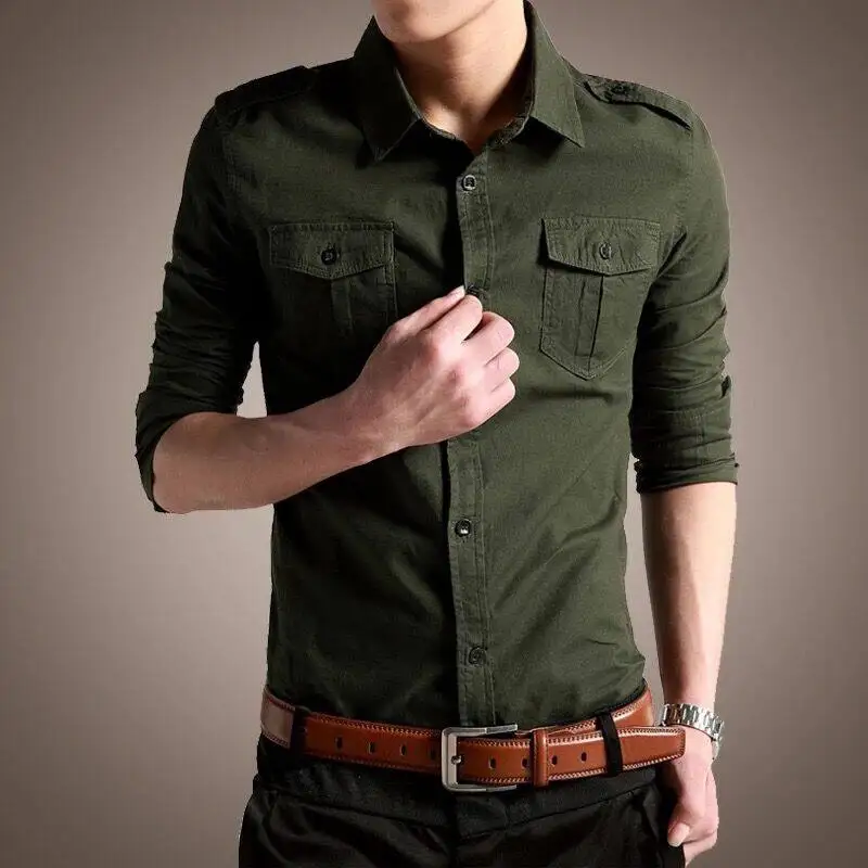 Spring Autumn Men\'s Solid Color Square Collar Long Sleeve Button Slim Shirts Safari Atyle Patchwork Pockets Business Casual Tops
