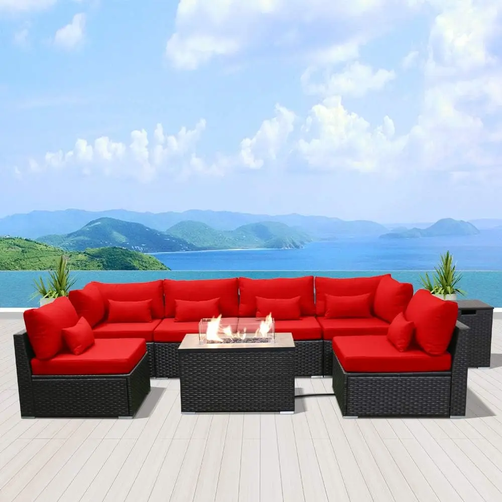 Patio Furniture Sectional Sofa with Gas Fire Pit Table Outdoor Patio Furniture Sets Propane Fire Pit (red-Rectangular Tab