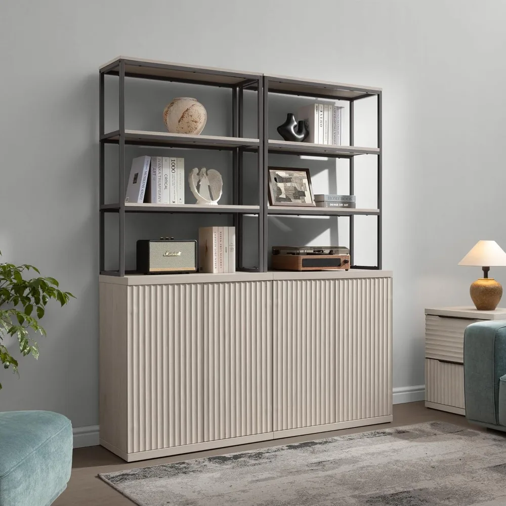 

Book Shelf Fluted Bookshelf Cabinet - 75" Tall Bookcase 6 Tier Large Bookshelves with Door Storage Modern Double Wide Book