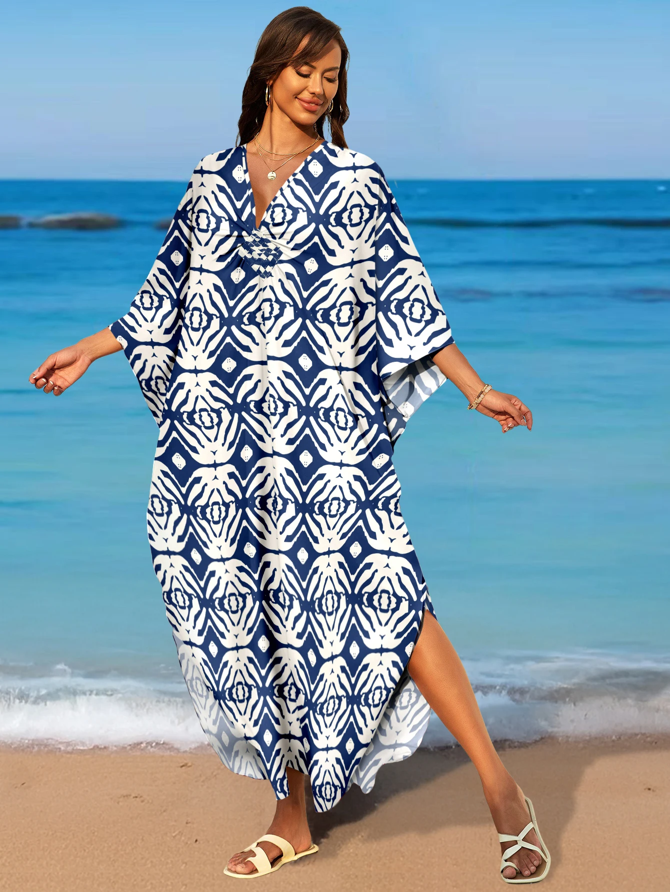 

Women's Summer Beach Bohemian Ethnic Style Printed V-neck Side-slit Beach Vacation Dress Bikini Cover-up with Knitted Design