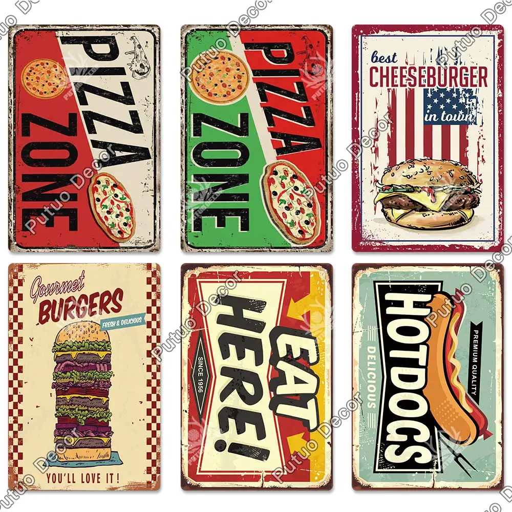 Putuo Decor Fast Food Vintage Tin Sign Plaque Metal Retro Plate Hot Dog Poster Wall Decor for Kitchen Cafe Diner Bar