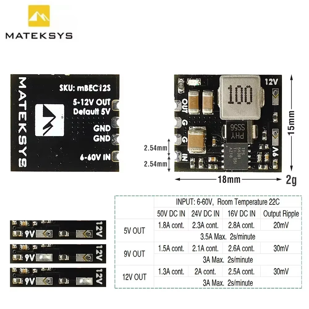 Mateksys Micro BEC Step-Down Regulator Module 6-60V naar 5V/9V/12V-ADJ voor RC FPV Racing Drone