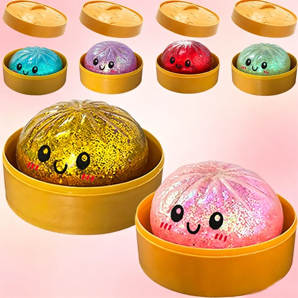 Blind Box Bunte 6 Stile Glitzer-Dumplings mit Box, Sensorisches Quetschspielzeug zur Stresslinderung