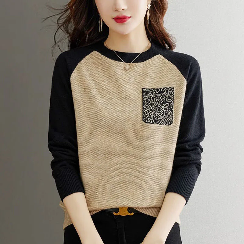 New Autumn Fashion Trend Colorblock Round Neck Loose Versatile Western Style Reducing Age Slimming Women\'s Sweater