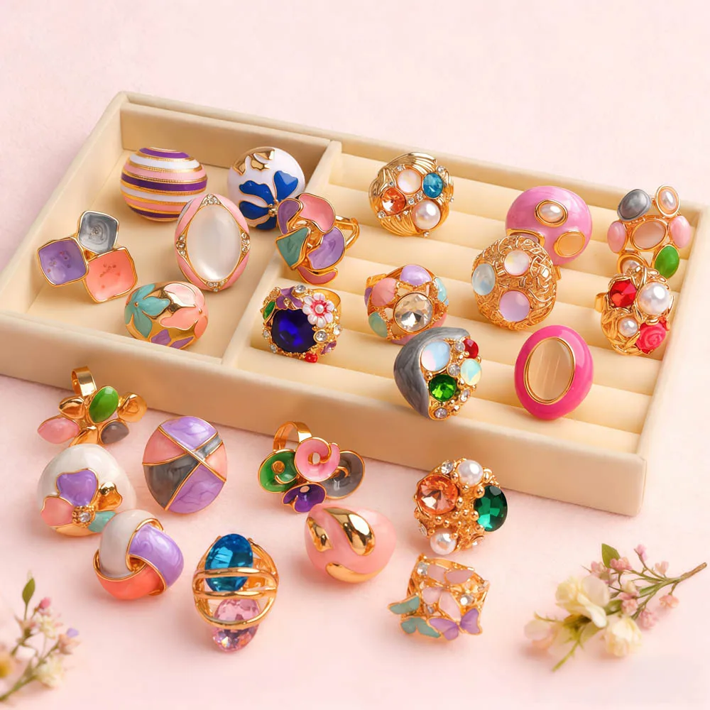 10 قطعة/الوحدة موضة ريترو أنيقة رائعة غير النظامية الحلو متعدد الألوان المينا خواتم للنساء مزيج نمط مجوهرات اكسسوارات هدايا #1