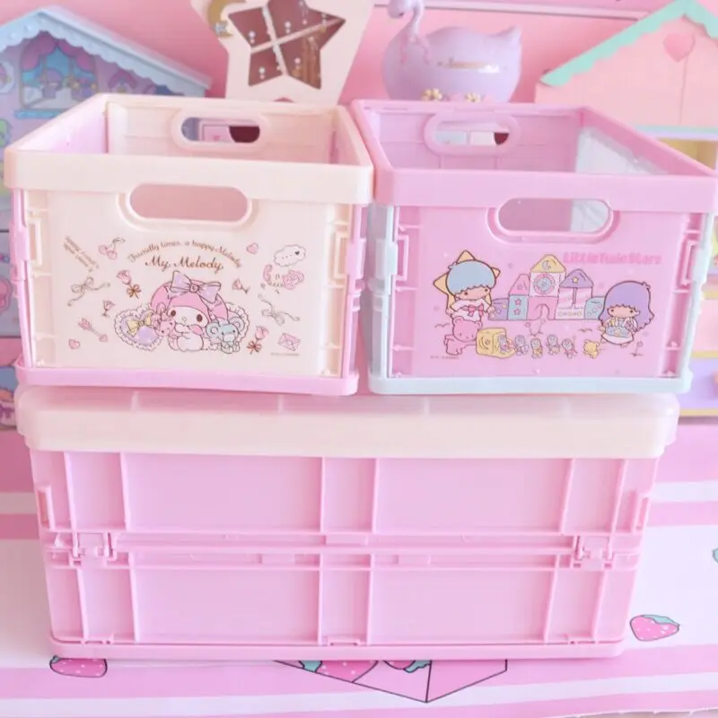 Sanrio 18L Folding Storage Box Hello Kitty Mymelody Cartoon Dust Proof Cosmetics Underwear Desktop Plastic Sundries Storage Case