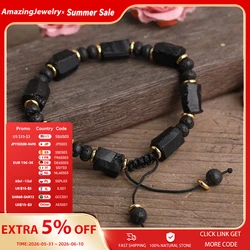 Natural Black Tourmaline Stone Nugget Beads Black Lava Rondelle Beads Cord Knotted Adjustable Bracelet Women Boho Rope Bracelet