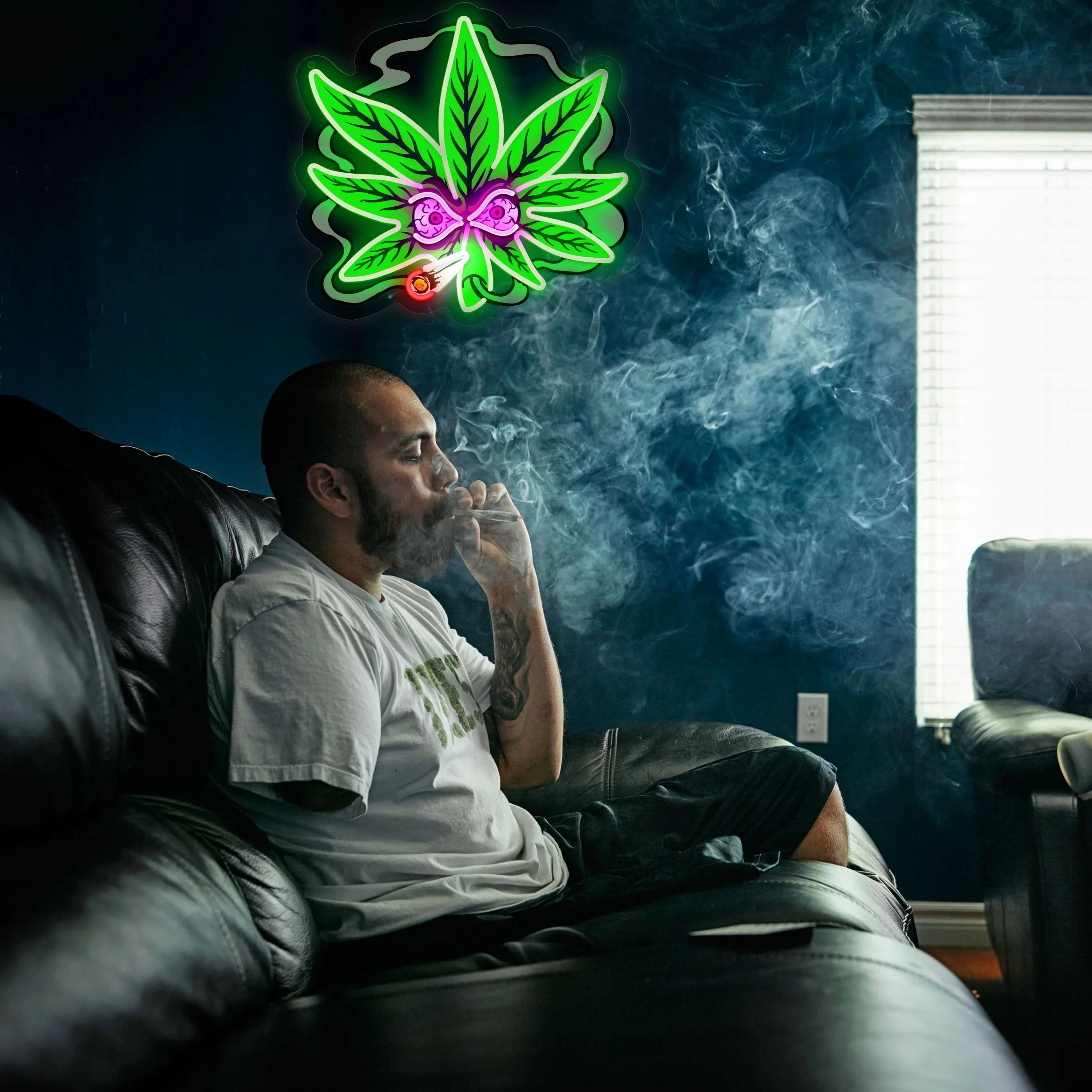 Neonowy szyld w kształcie liścia, neonowy szyld \"Smoking\", zasilany przez USB, ściemnialny, do dekoracji biznesu, baru piwnego, domu, na imprezę, do klubu, męskiej jaskini, pubu, idealny na prezent.