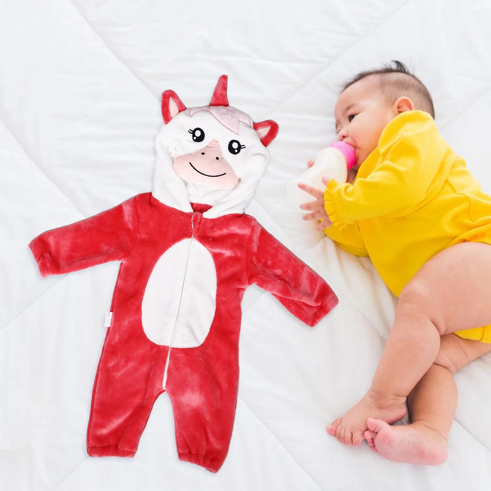 

Baby Cartoon Jumpsuit Soft Flannel Unicorn Design Open Front for Easy Wear Comfortable Infant Toddler Outfit for Indoor Outdoor