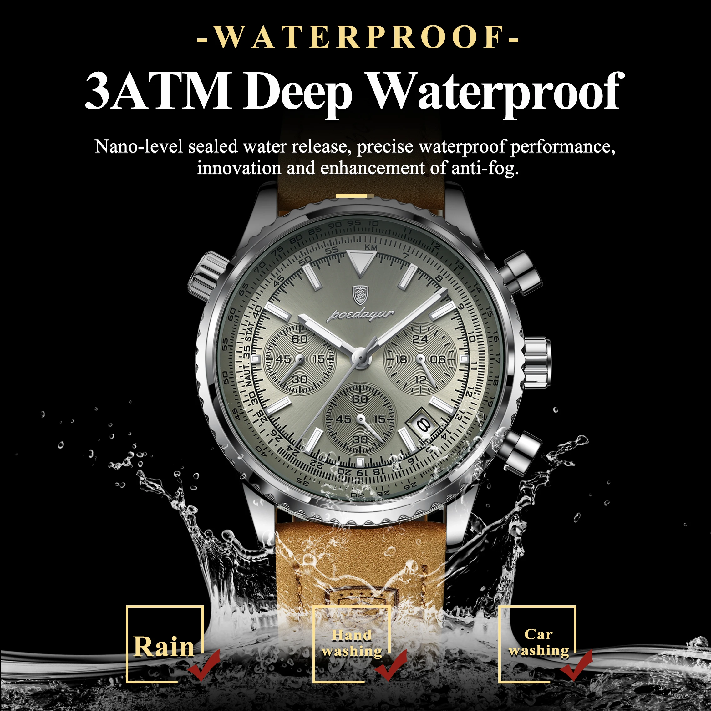 POEDAGAR แฟชั่นผู้ชายคุณภาพสูงนาฬิกา Chronograph กันน้ําปฏิทิน Man นาฬิกาข้อมือหนังควอตซ์นาฬิกาผู้ชาย + กล่อง