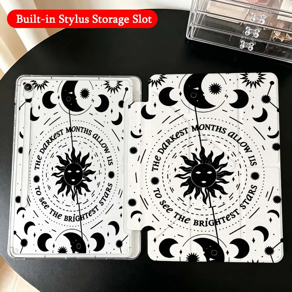 Cartoon Sun Moon Pattern For Samsung Galaxy Tab A9 A8 A11 S6 S7 S8 S9 S10 FE Plus Lite Transparent Y-Shaped Folding Tablet Case