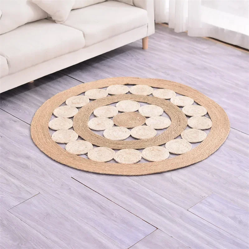 Handmade Round Woven Rug Natural Straw Floor Mat Boho Farmhouse Living Room Bedroom Door Area Rug Home Decoration