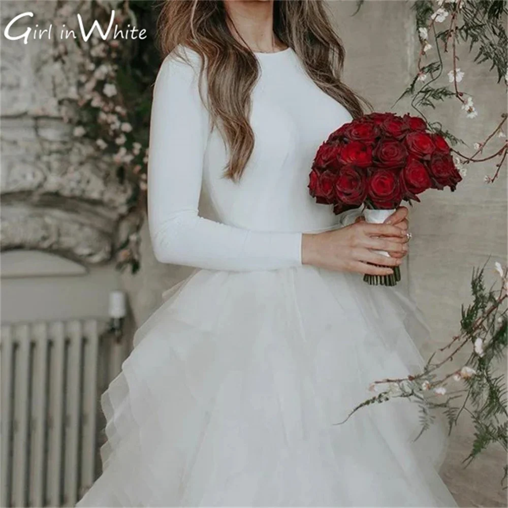 свадебное плать Modern Long Sleeves Backless Wedding Dress A Line Tiered Pleated Wedding Bridal Gown فساتين مناسبة حسب الطلب