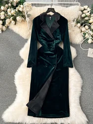 Autumn Winter Warm Clothing Velvet Dress Women Notched Collar Sheath Pencil Blazer Suit Coat Dresses Office Lay