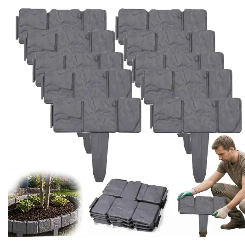 10 Pack Imitation Stone Garden Fence, Landscape Edging, Weatherproof Plastic Border for Flower Beds, Lawn & Walkway