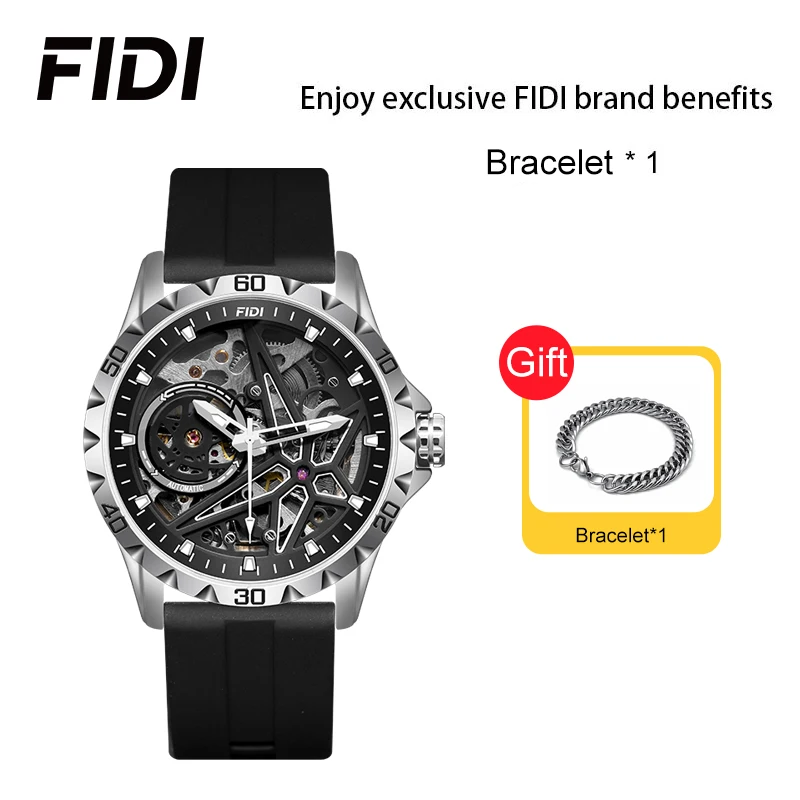 FIDI Men's Luxury Automatic Mechanical Watch - FD103, Fashionable Hollow Dial, Luminous Silicone Strap, Gifts Bracelet Watch