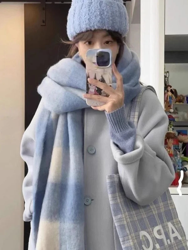 

Laid-back Sweet Style Japanese Milk Blue Woolen Coat Autumn Winter College Style Loose Medium Length Woolen Coat for Women