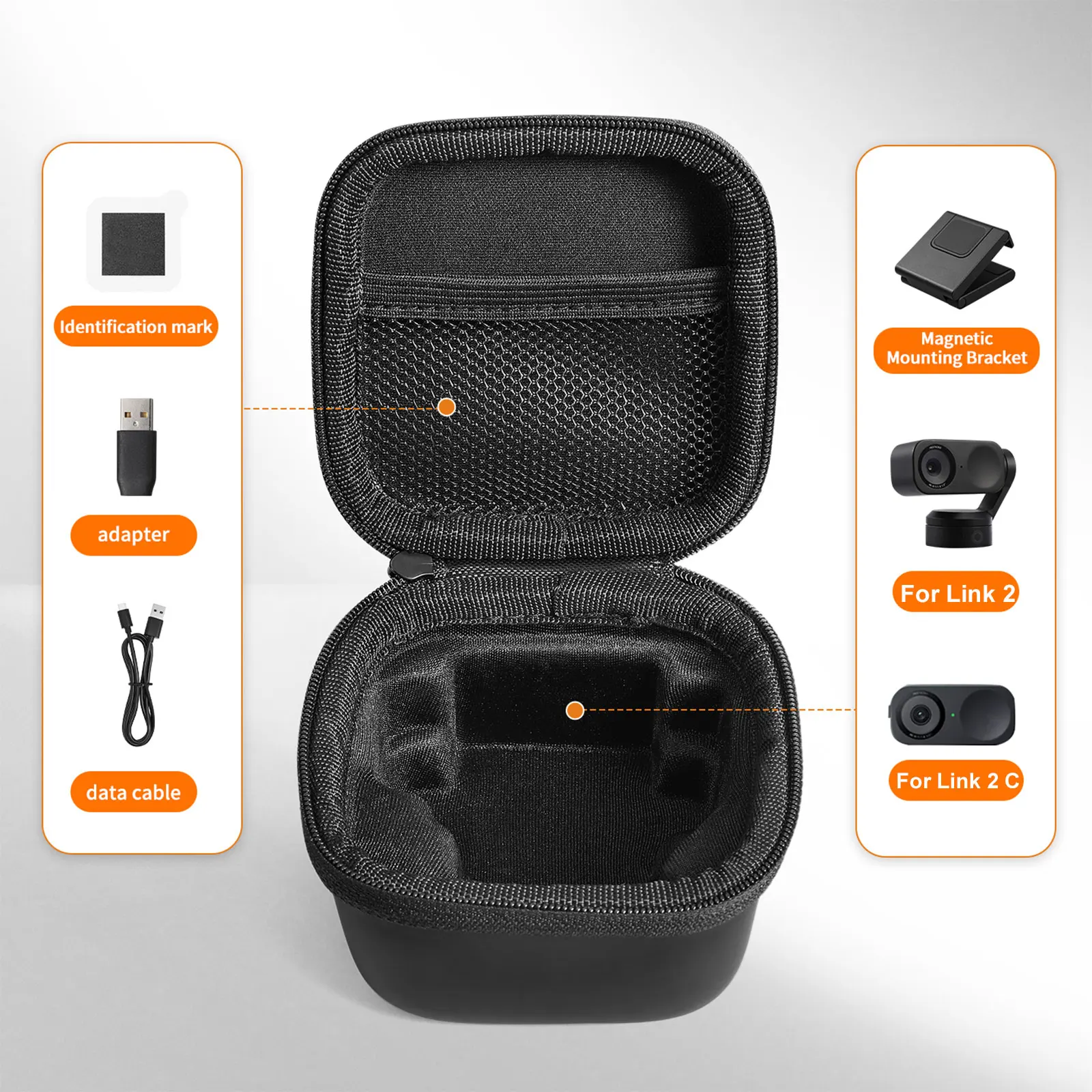 Tragetasche für Link 2/2C/2 PRO Webcam, wasserdichte PU-Schutzbox mit Organizer für magnetisch montierbaren Kabeladapter
