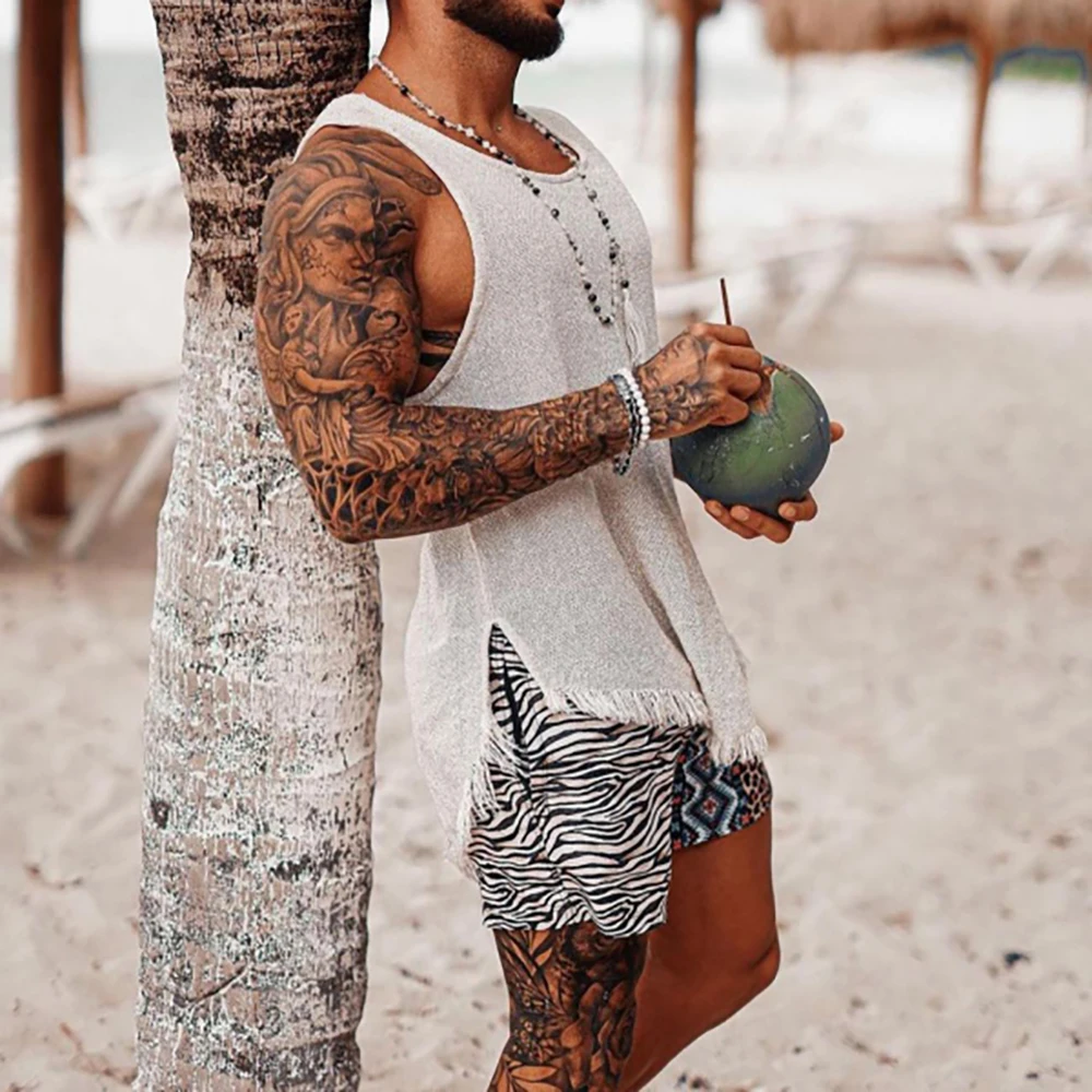 Mens Vest Summer Beach Vacation Vintage Sleeveless Male Clothing Tops Solid Color Crew Neck Loose Causal Men\'s Tank Tops S-3XL