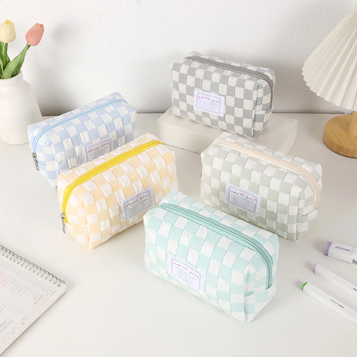 Simple Two-Tone Plaid Pencil Case Large Capacity Zipper Stationery Bag Desktop Storage Stationery Box Student School Supplies